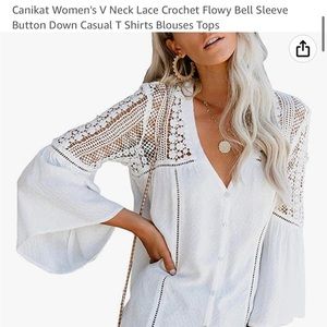 Canikat V neck lace crochet float bell sleeve button down casual t-shirt blouse